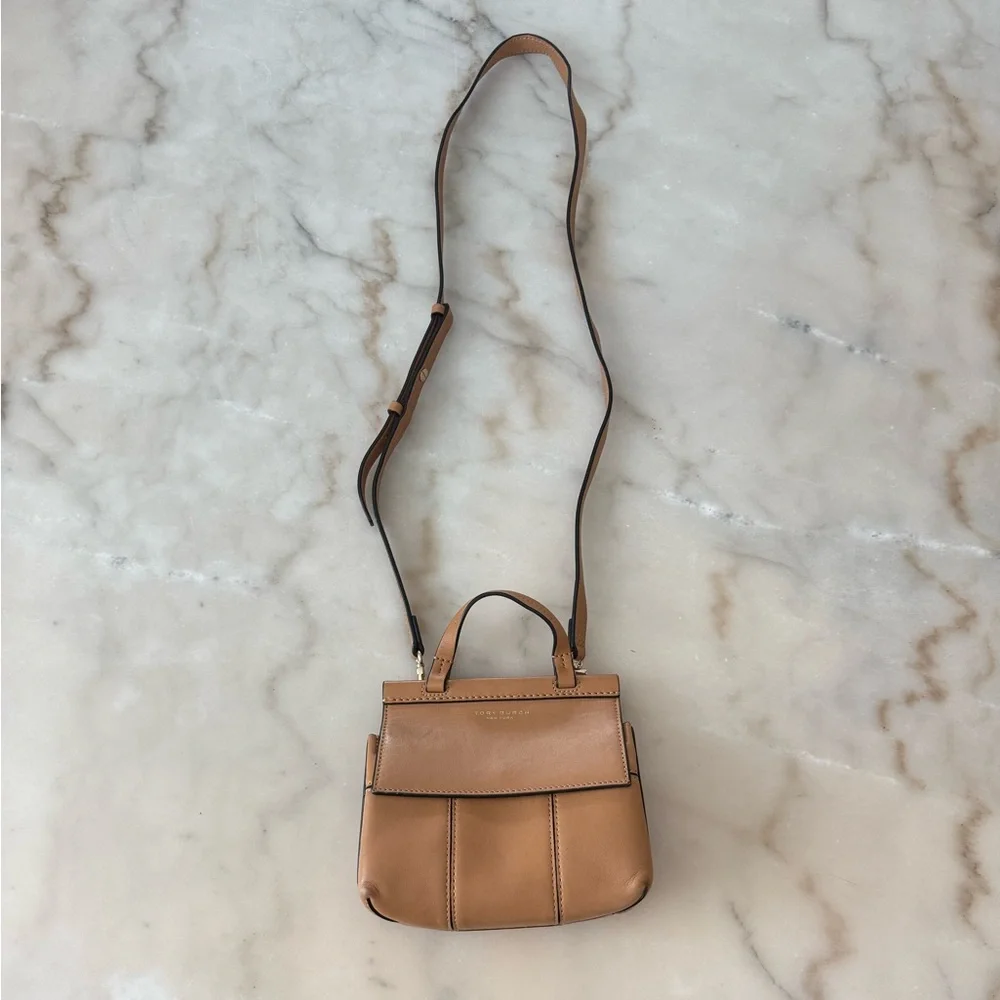 Tory Burch Block T Mini Satchel Bag Light Tan Leather Handbag Top Handle 2 Ways - Picture 6 of 17